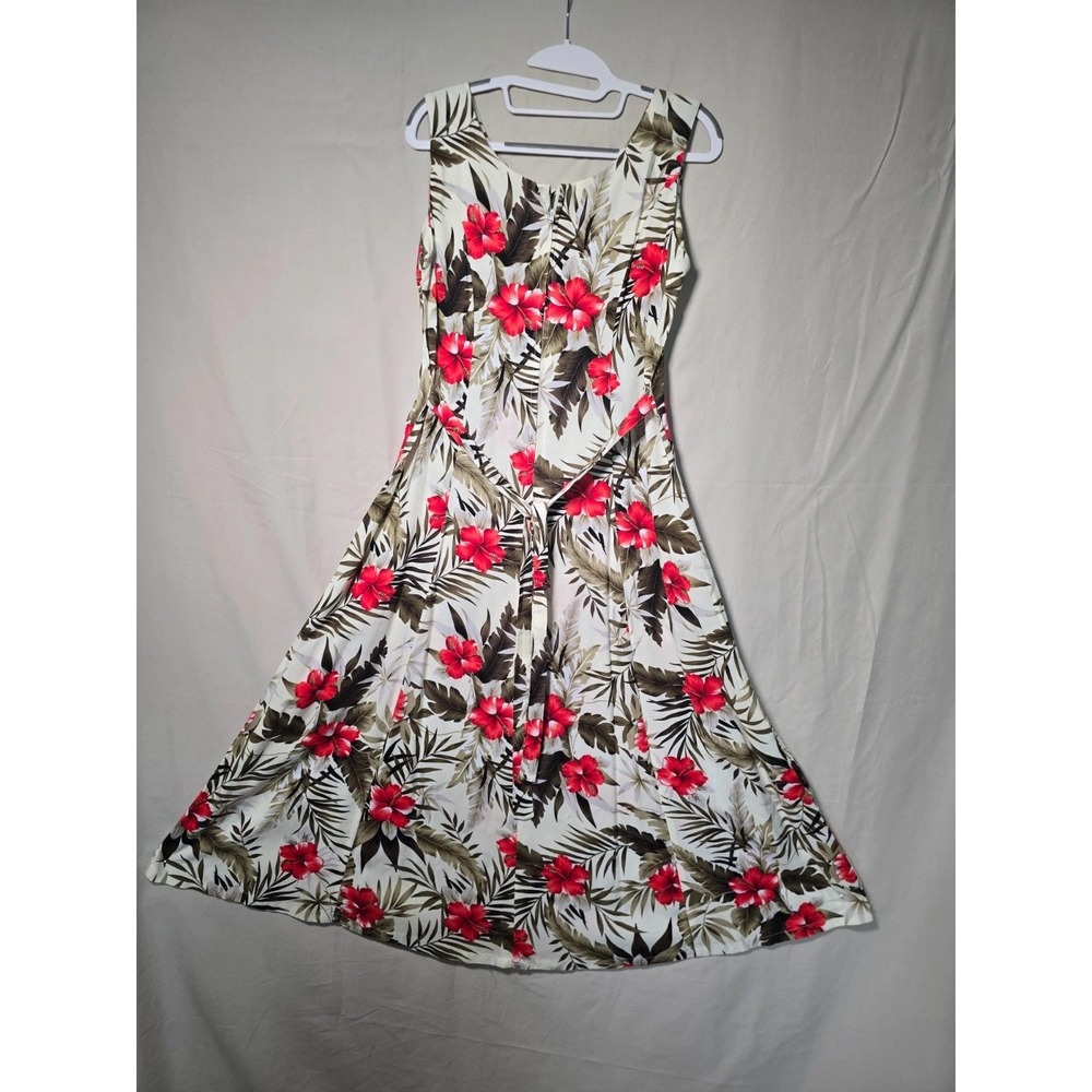Niji of Waikiki Hawaii Cotton Floral Maxi Dress Red Hibiscus Tropical Print M997
